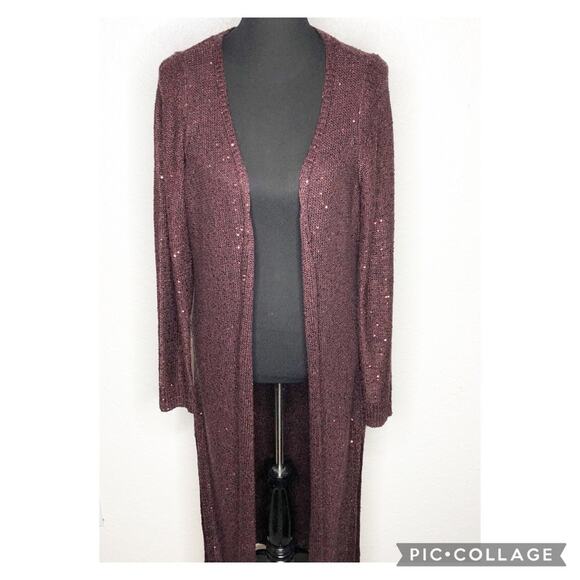 WHBM maroon wine sequin embellished long open front duster cardigan size Large - Picture 1 of 15